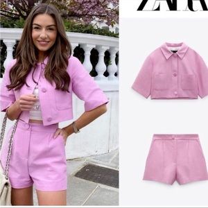 Zara Pink Two Piece Set Cropped Button Up and Darted Bermuda Shorts